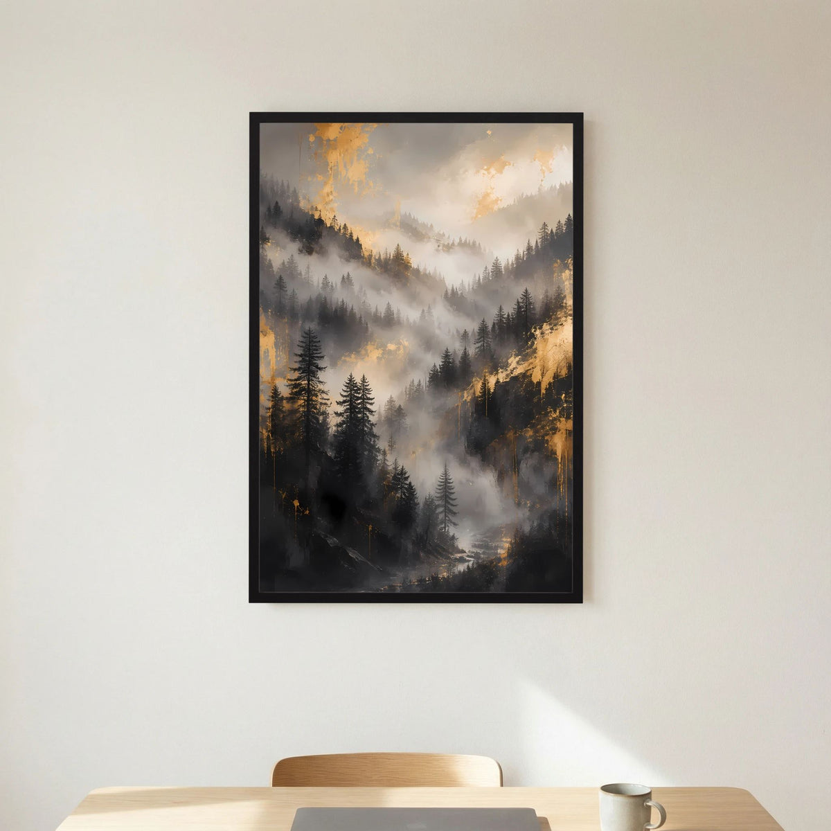 Poster im Hochformat mit nebligem Tal, Tannen und goldenem Licht, schwarzer Rahmen