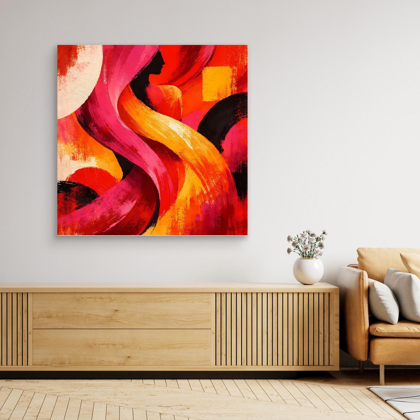 Leinwandbild mit abstraktem Farbspiel in Rot, Pink und Orange, im Holzrahmen
