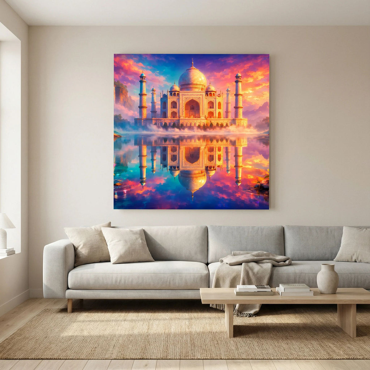 Leinwandbild Taj Mahal im Wohnzimmer, goldene Kuppel mit Spiegelung im Wasser, quadratisch.