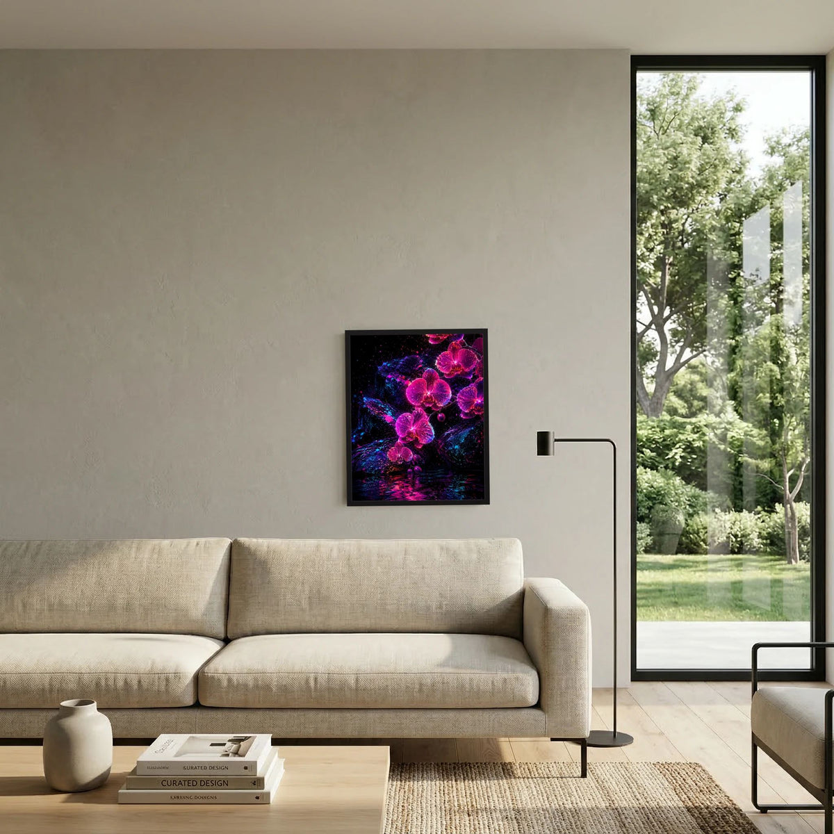 Gerahmtes Wandposter im Hochformat mit neonfarbenen Orchideen in Pink und Violett