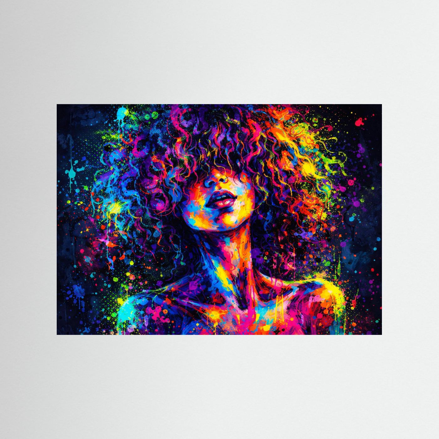Poster mit abstrakter Frauenbüste im Neonstil, dunkler Rand