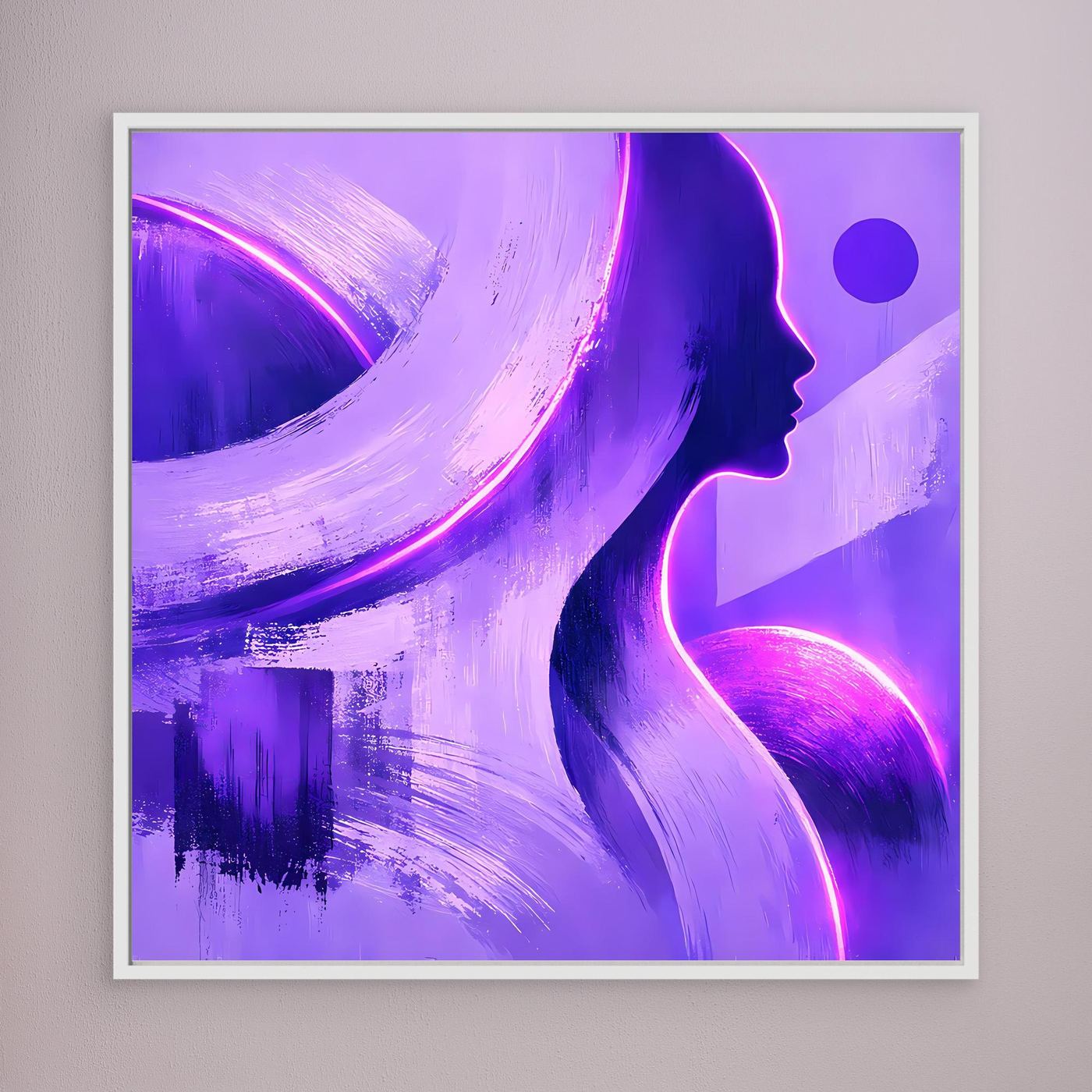 Leinwandbild mit Frauen-Profil in Lila, Neon-Verlauf und Punktelement, weiß gerahmt