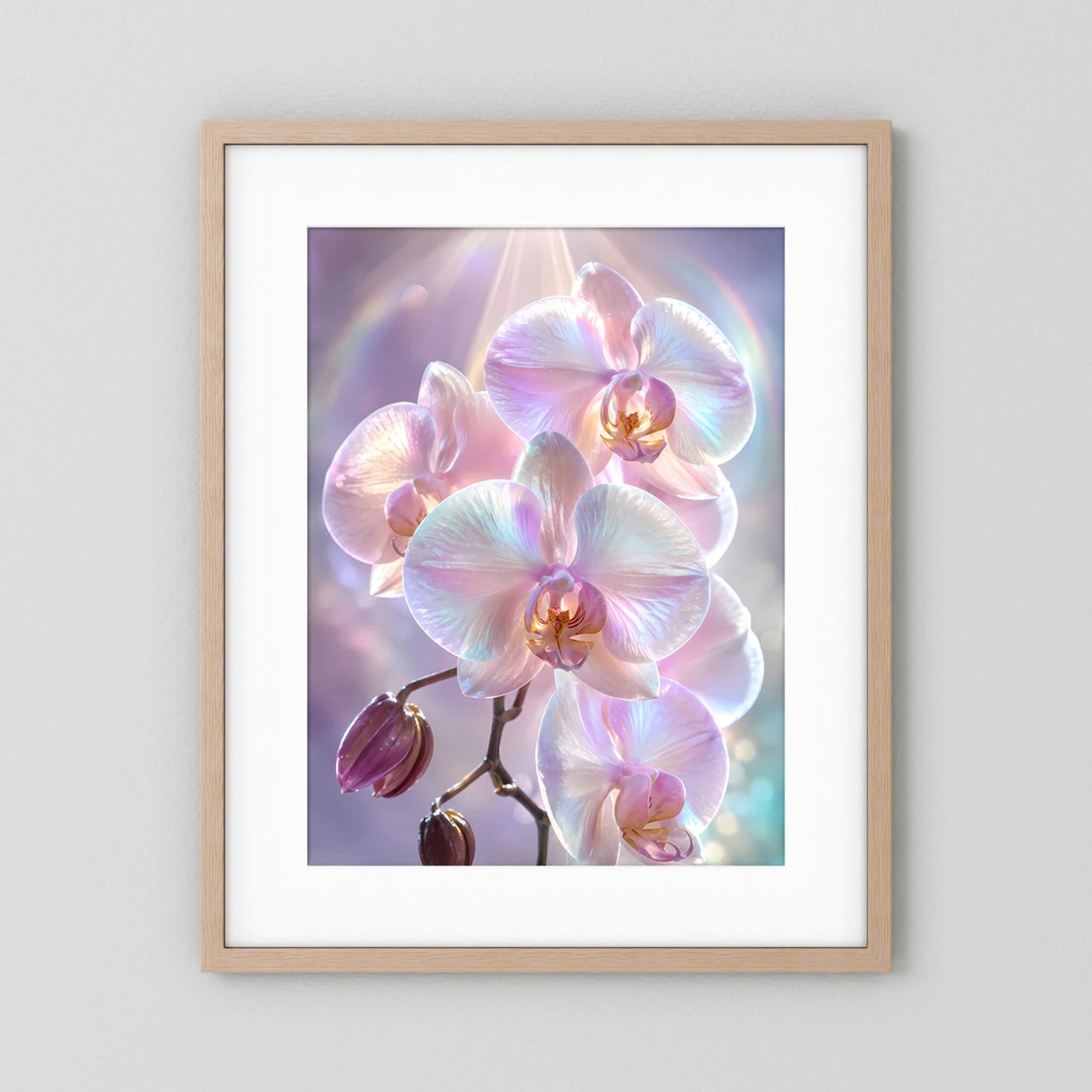 Kunstposter im beigen Holzrahmen mit weißem Passepartout, Orchideenblüten in Rosa und Perlmutt