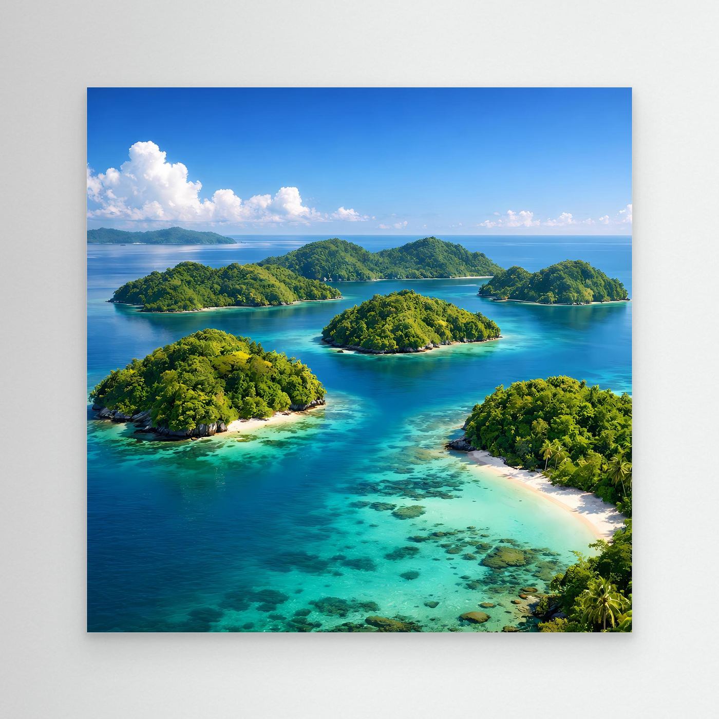 Leinwandbild Tropische Inseln mit türkisblauem Meer, grünen Inseln und Sandstrand