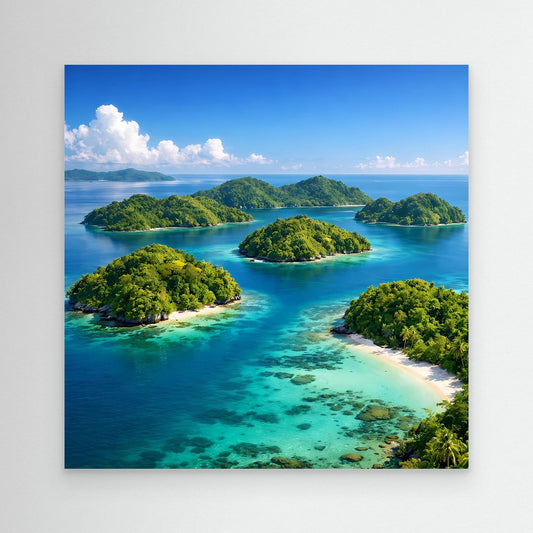 Leinwandbild Tropische Inseln mit türkisblauem Meer, grünen Inseln und Sandstrand