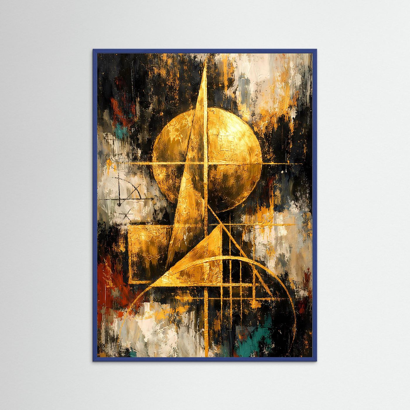 Abstraktes Bauhaus-Poster im blauen Holzrahmen, goldene Kreise und Linien auf Schwarz-Weiß