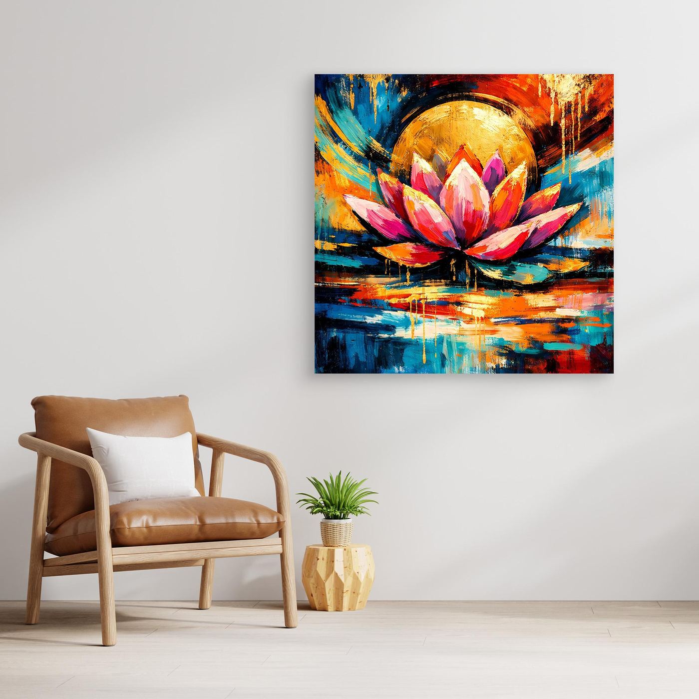 Abstraktes Pop-Art Leinwandbild mit Lotusblüte, goldenem Kreis und mehrfarbigen Strahlen