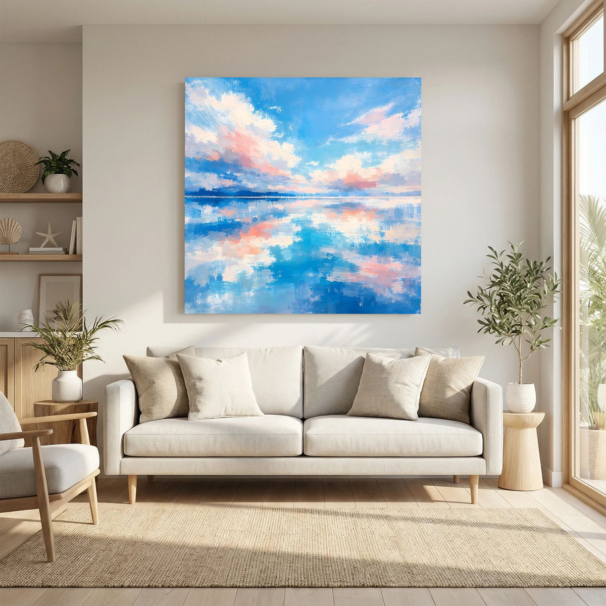 Abstrakte Meereslandschaft auf Keilrahmen mit Wolken, Himmelblau und Pastellrosa