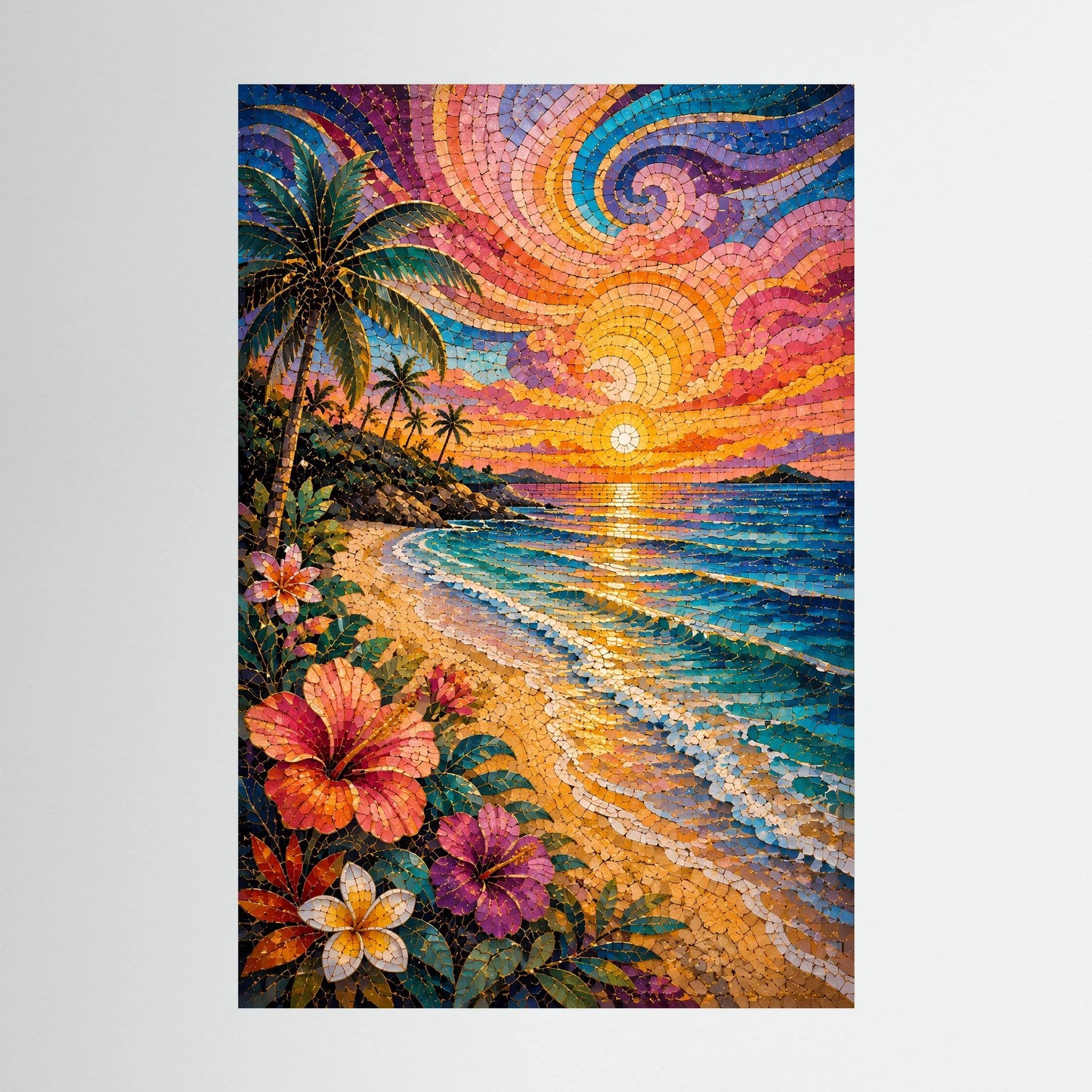 Tropischer Strand im Sonnenuntergang | Farbenfrohes Mosaik mit Palmen & Hibiskus | Poster Hochformat