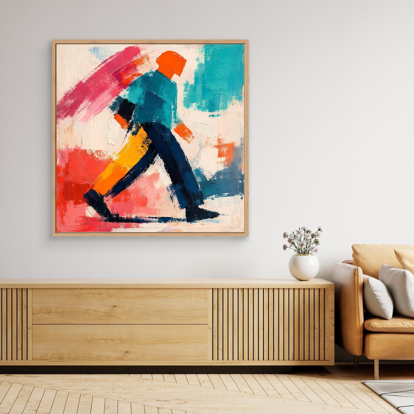 Close-up framed abstract pop art canvas print with walking figure in red, teal, orange and blue
