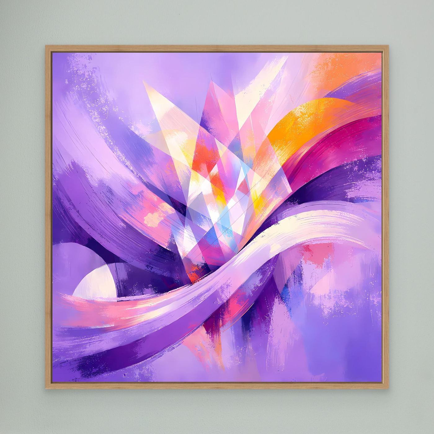 Leinwandbild mit abstraktem Blumenmotiv in Lila, Rosa und Orange, Holzrahmen