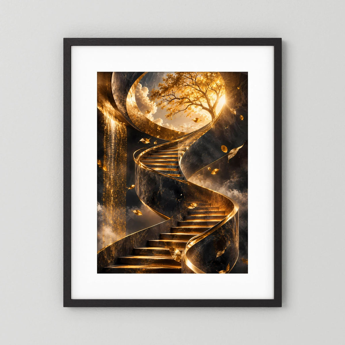 Hochformatiges Kunstposter im schwarzen Rahmen mit weißem Rand und goldener Wendeltreppe
