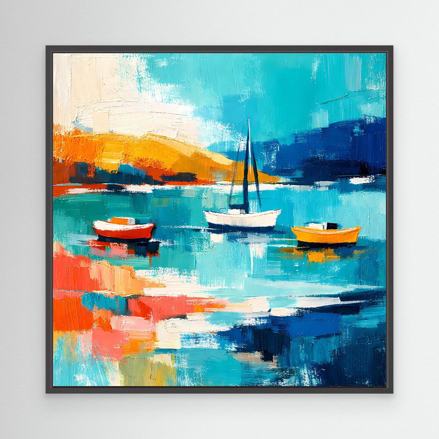 Abstract sailboat wall art with black frame, teal and blue boats in bright reflections
