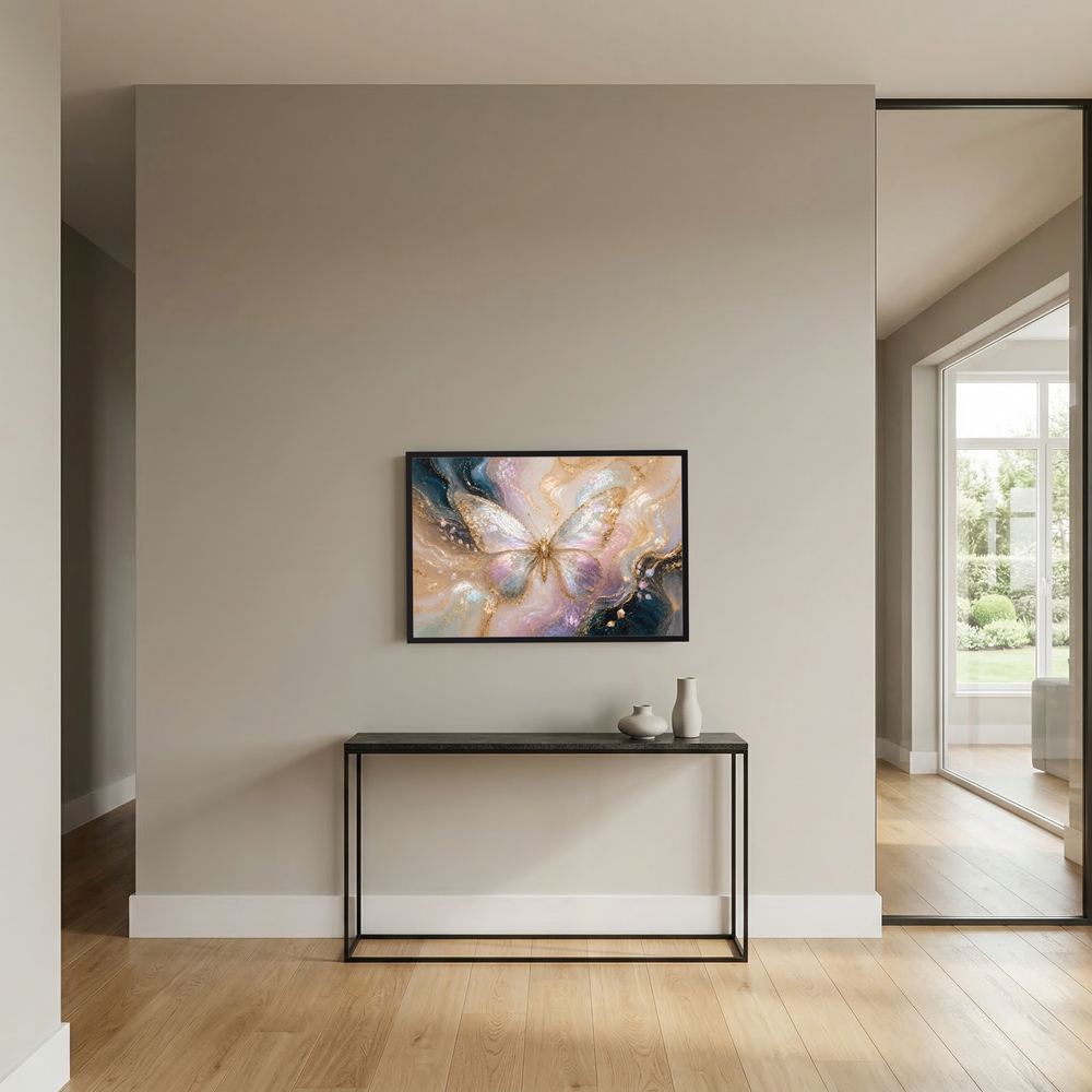 Wandbild im Querformat mit Schmetterling in Pastell und Gold, schwarzer Rahmen