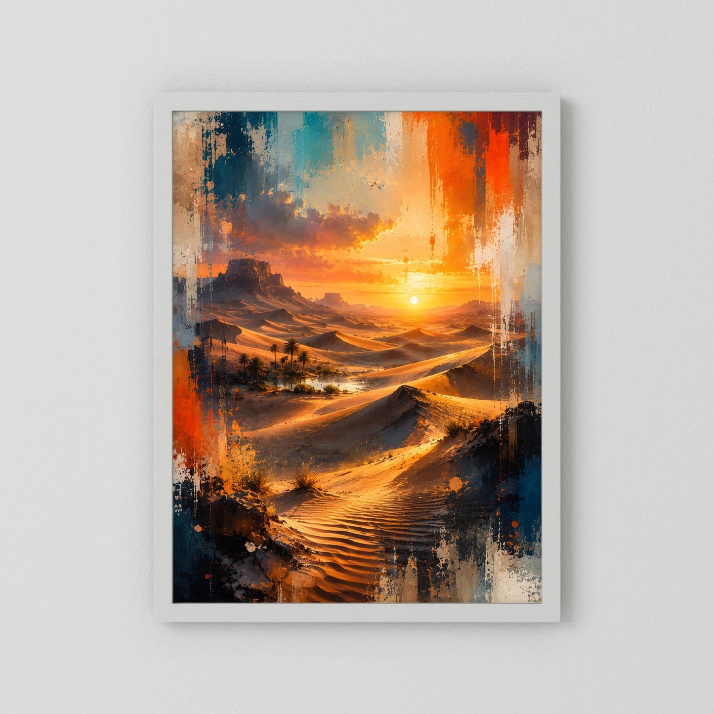 Hochformat-Poster mit weißem Passepartout: abstrakte Oase in Orange und Blau