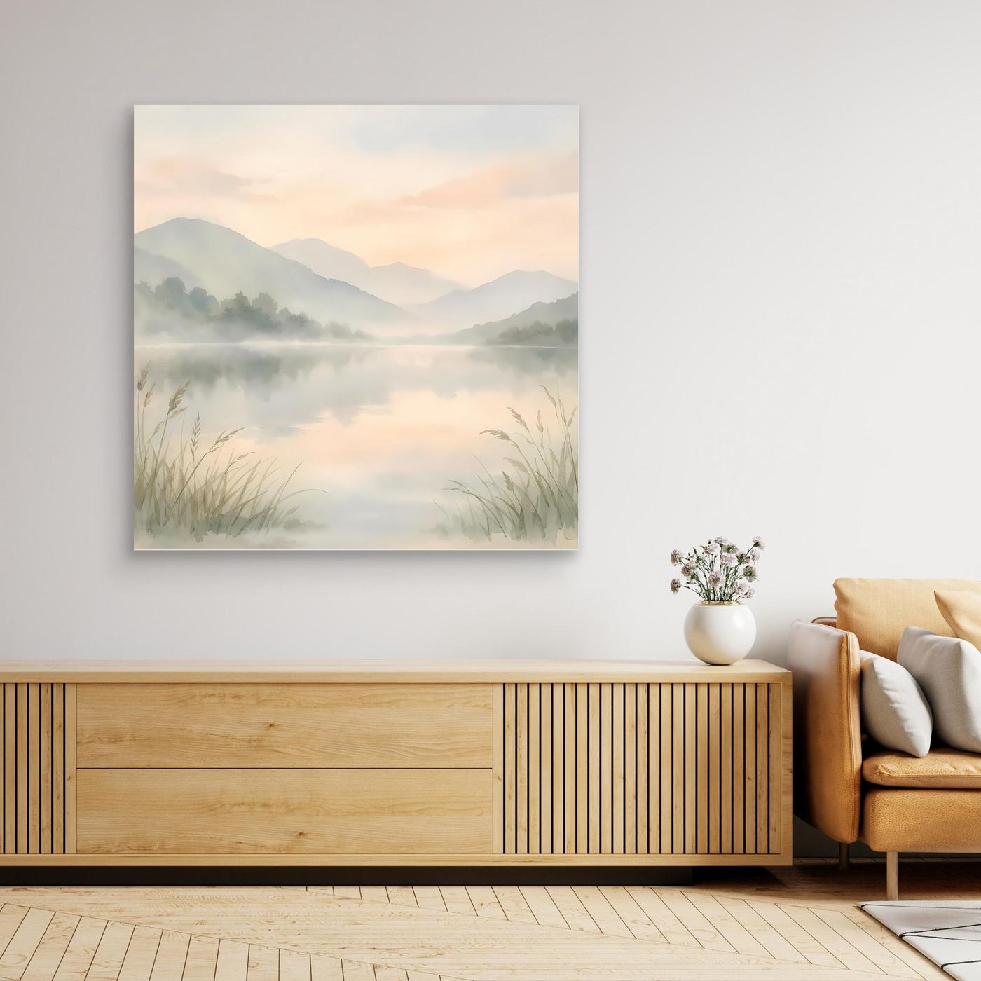 Leinwandbild Bergsee im Nebel, aquarellartig, ohne sichtbaren Rahmen