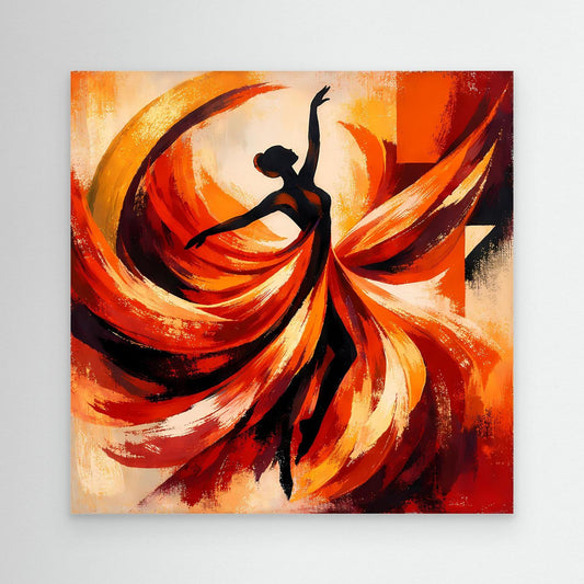 Leinwandbild mit abstrakter Ballerina-Silhouette und feurigen Rot-Orange-Wirbeln, ohne Rahmen