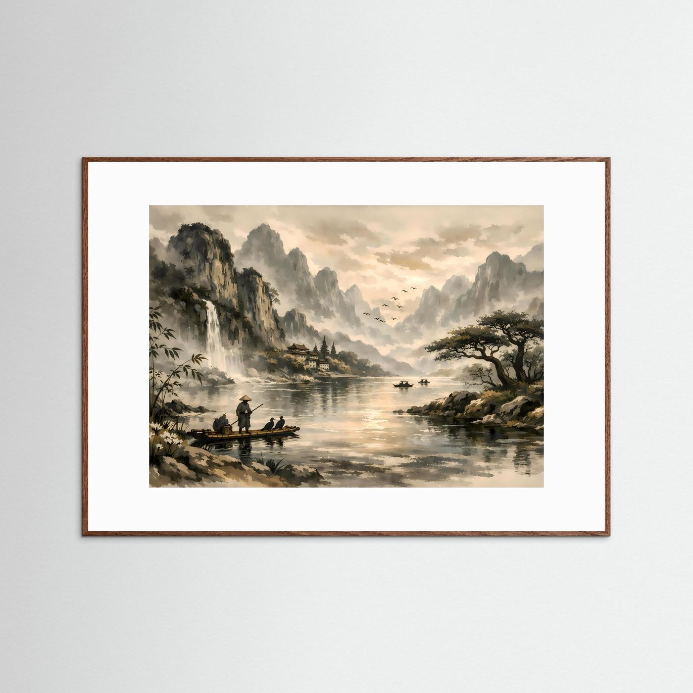 Traditionelle Asiatische Flusslandschaft | Sepia & Natur Kunst Poster Querformat