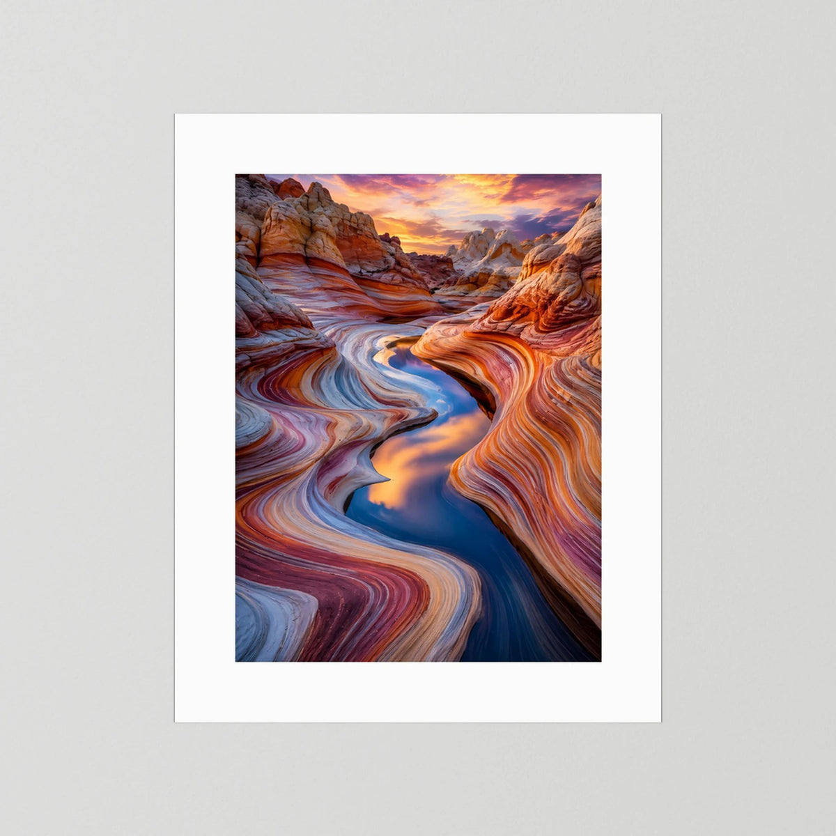 Poster im Hochformat mit Wüstenlandschaft, weißes Passepartout, Rahmen nicht sichtbar.