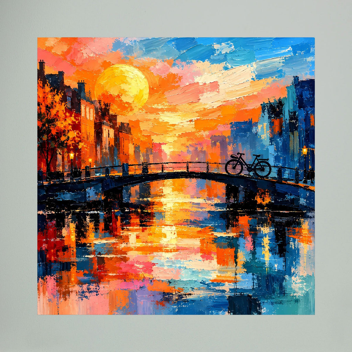 Leinwand Abstraktes Amsterdam Gemälde | Modernes Romantisches Grachten Wandbild mit Fahrrad