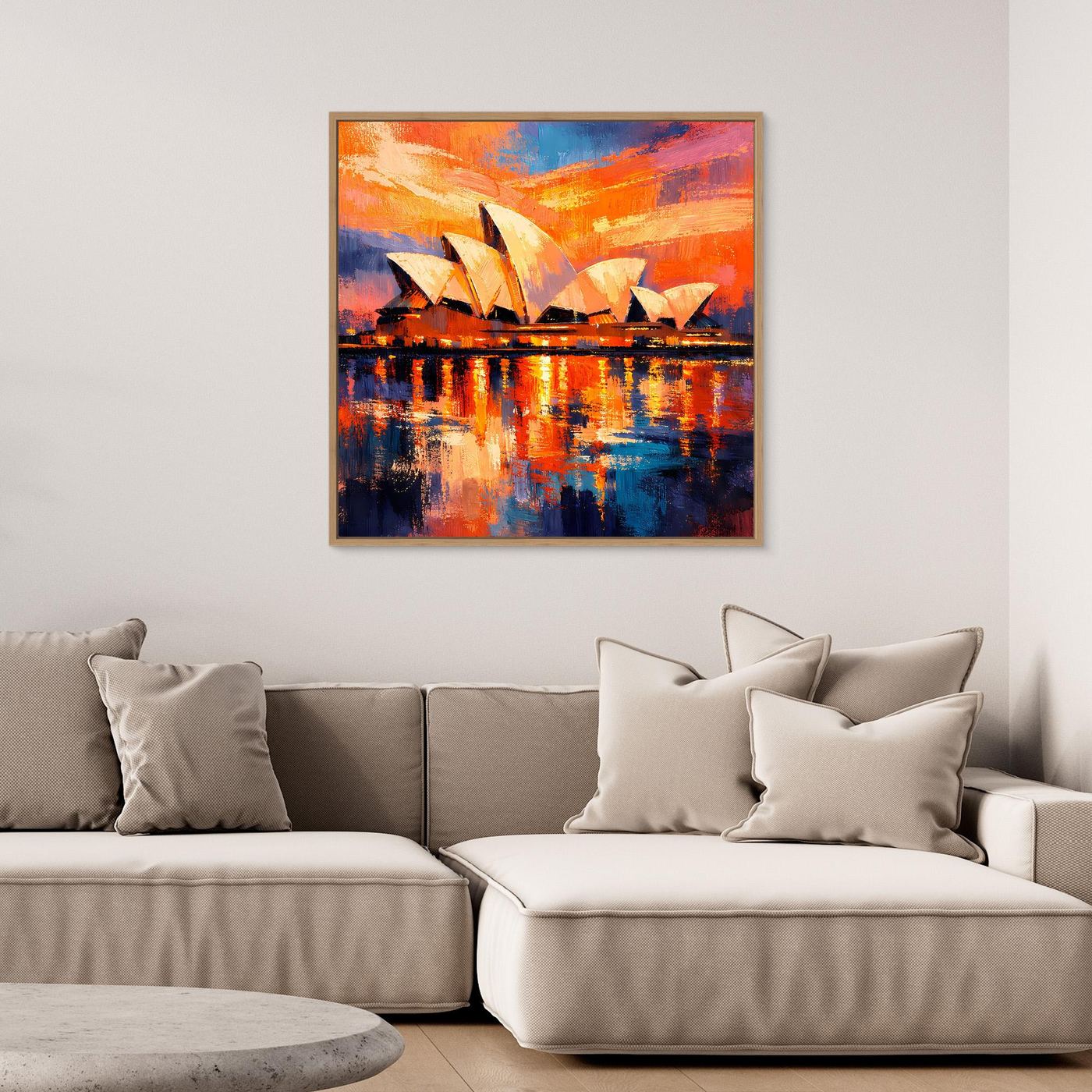Gerahmtes Wandbild mit abstrakter Sydney-Opera-House-Szene bei Abendrot, spiegelnde Reflexionen im Wasser