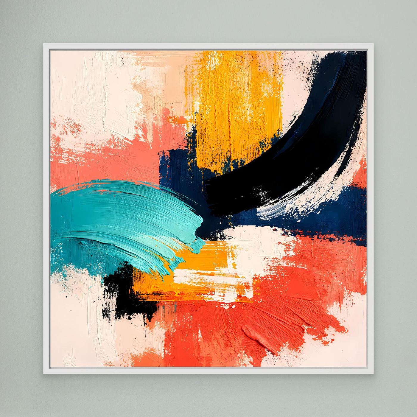 Abstract canvas wall art with coral, teal, yellow and navy brushstrokes, white frame