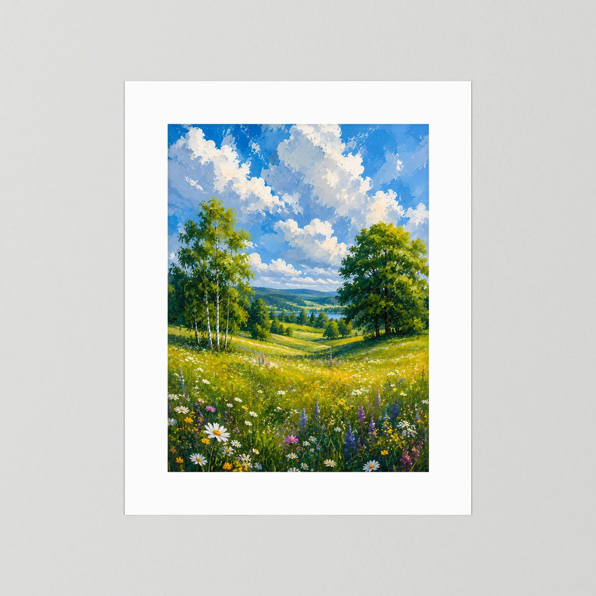 Kunstposter ohne Rahmen mit weißem Passepartout, Motiv: Wiese mit Blumen und Himmel.