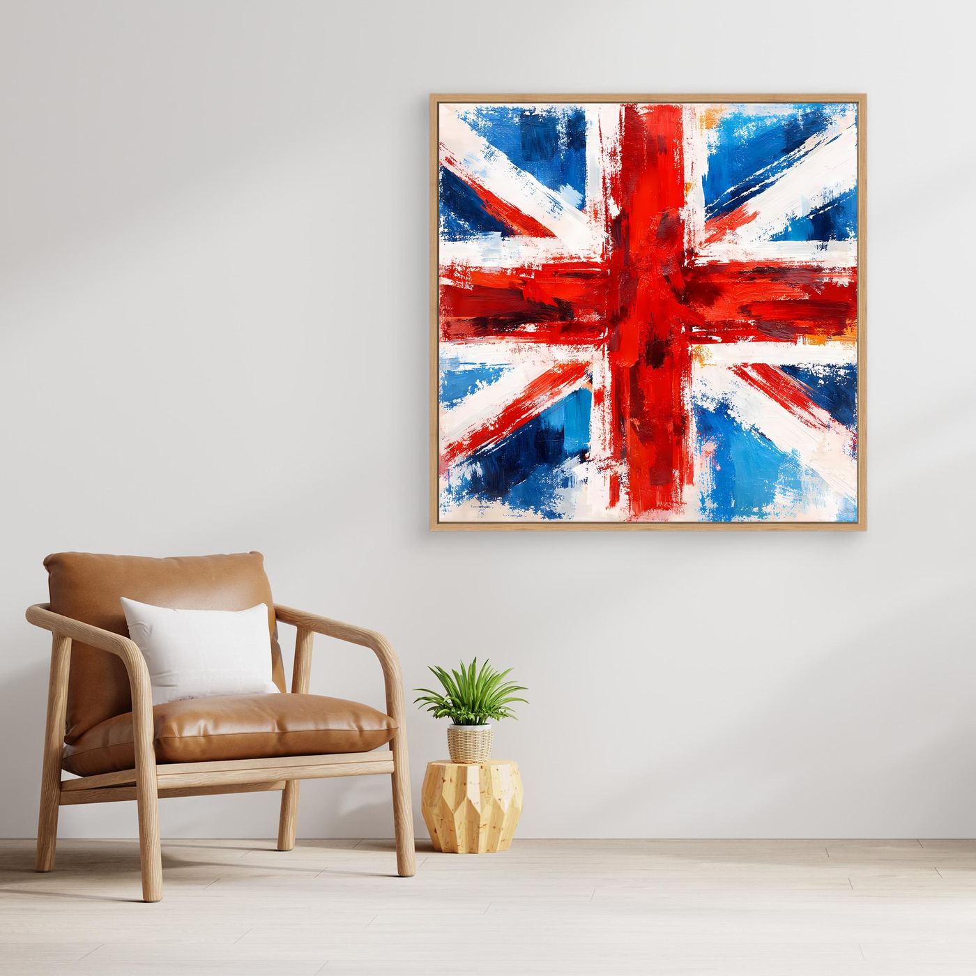 Abstract Union Jack wall art in oak frame, blue and red cross with white paint highlights