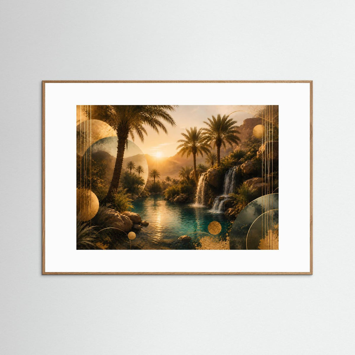 Poster im Querformat mit goldenen Palmen, Wasserfall und türkisfarbenem Fluss, heller Holzrahmen