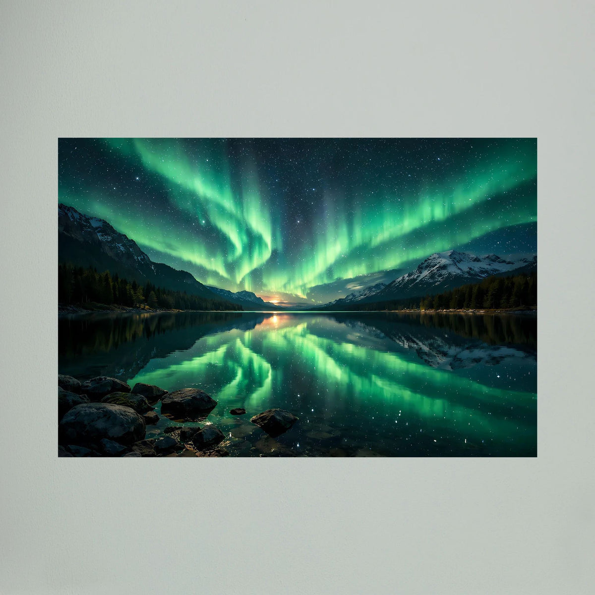 Querformatiges Wandposter: grüne Polarlichter über Bergsee mit Reflexion im Wasser