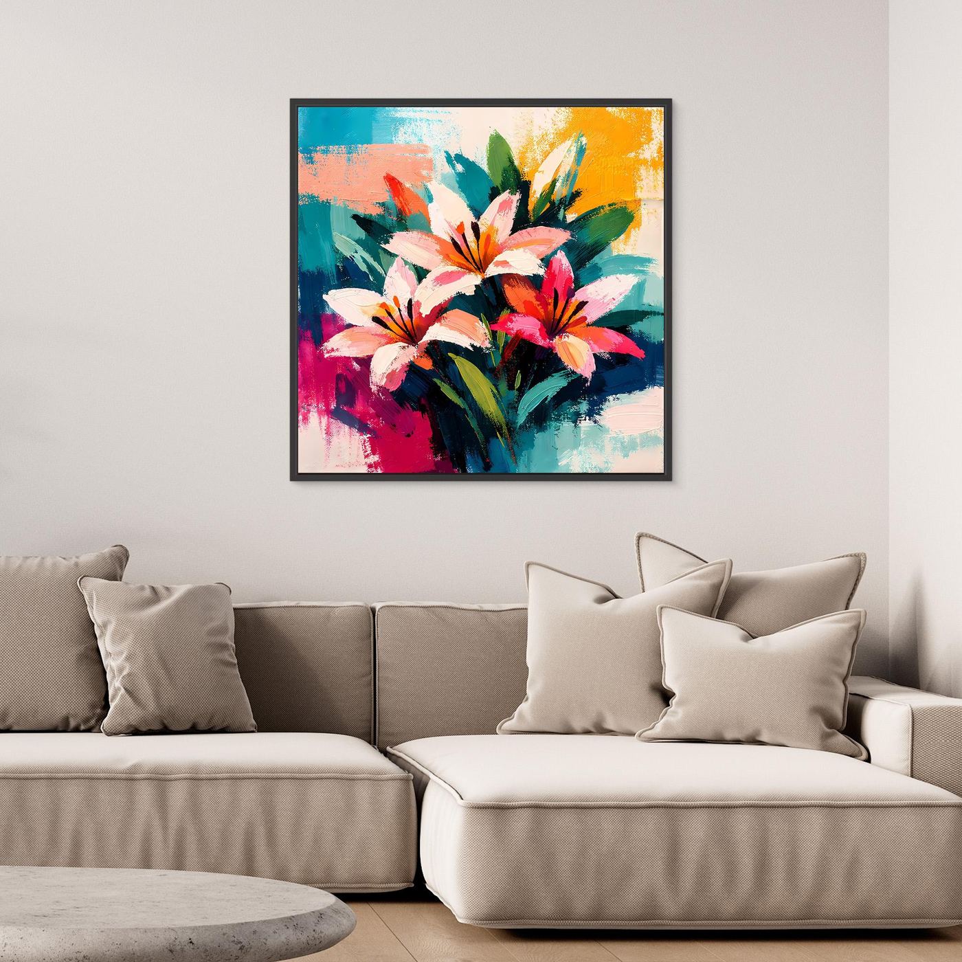 Abstract lily canvas wall art with colorful bouquet, black frame