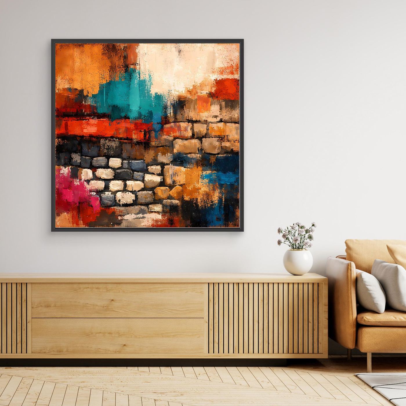 Abstraktes Steinmauer-Wandbild mit bunten Pinselstrichen, schwarzer Rahmen
