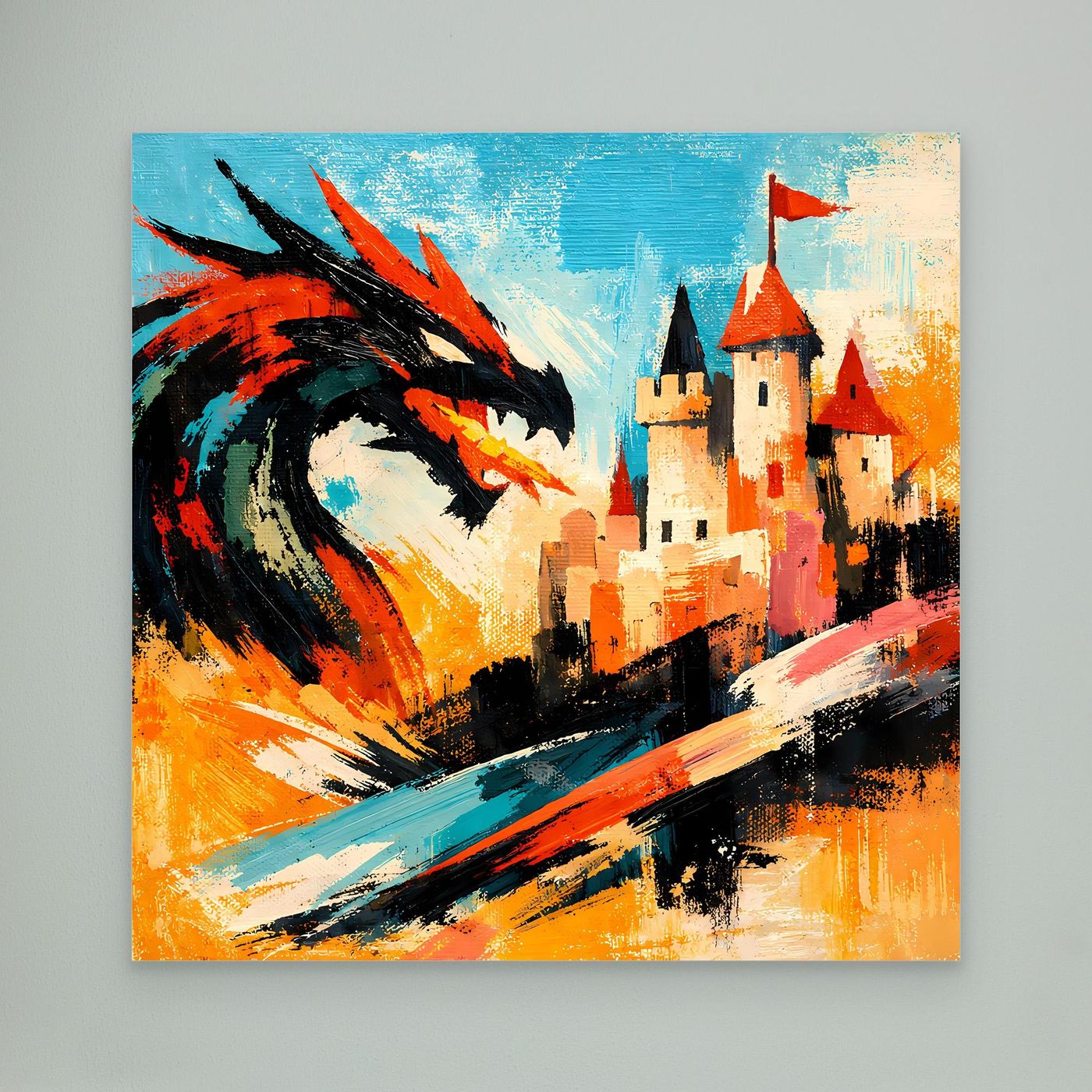 Leinwand Mythischer Drache vor dem Königsschloss | Abstraktes Fantasy Wandbild