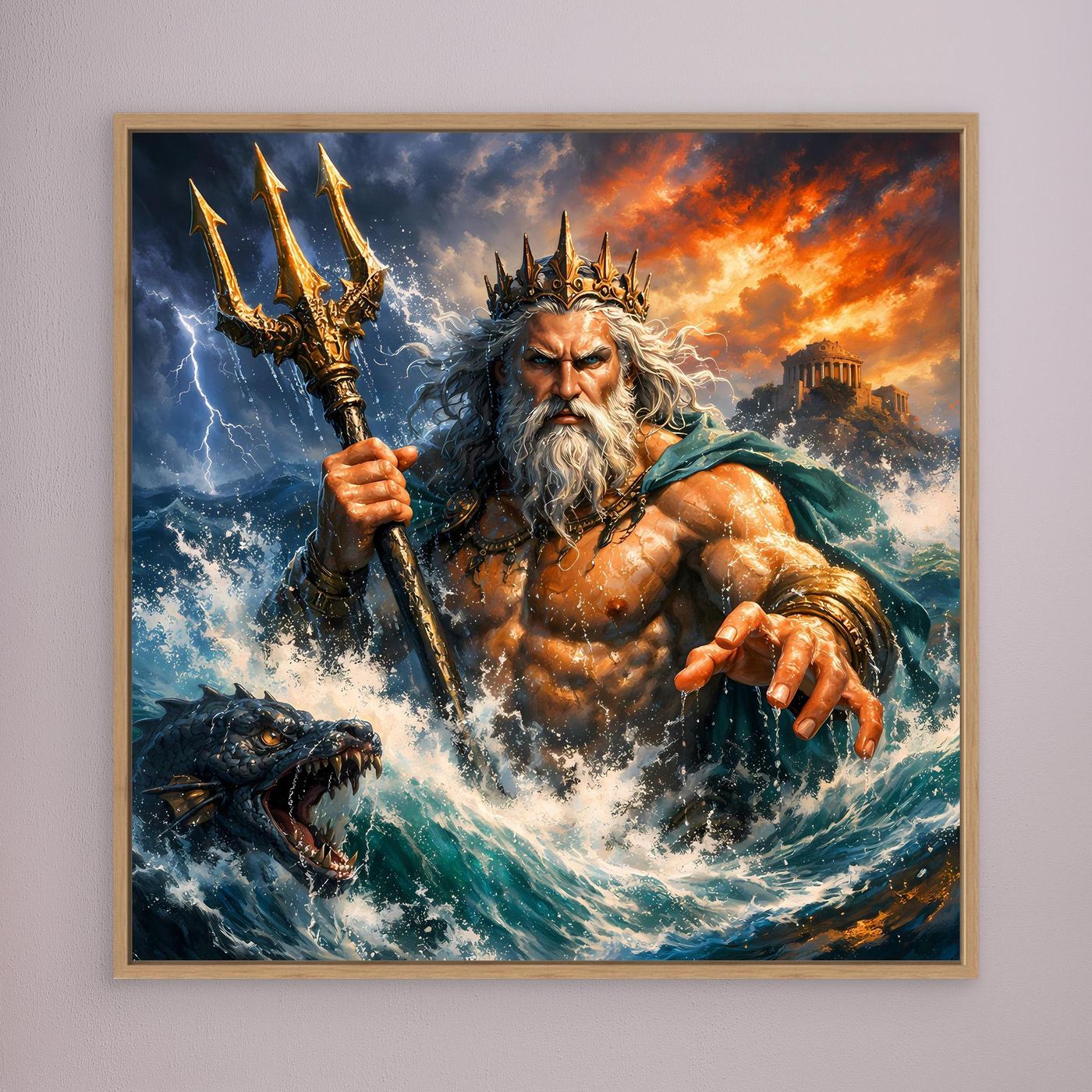 Leinwand Monumentaler Poseidon im Wellenrausch | Mythisches Meeresgott Wandbild