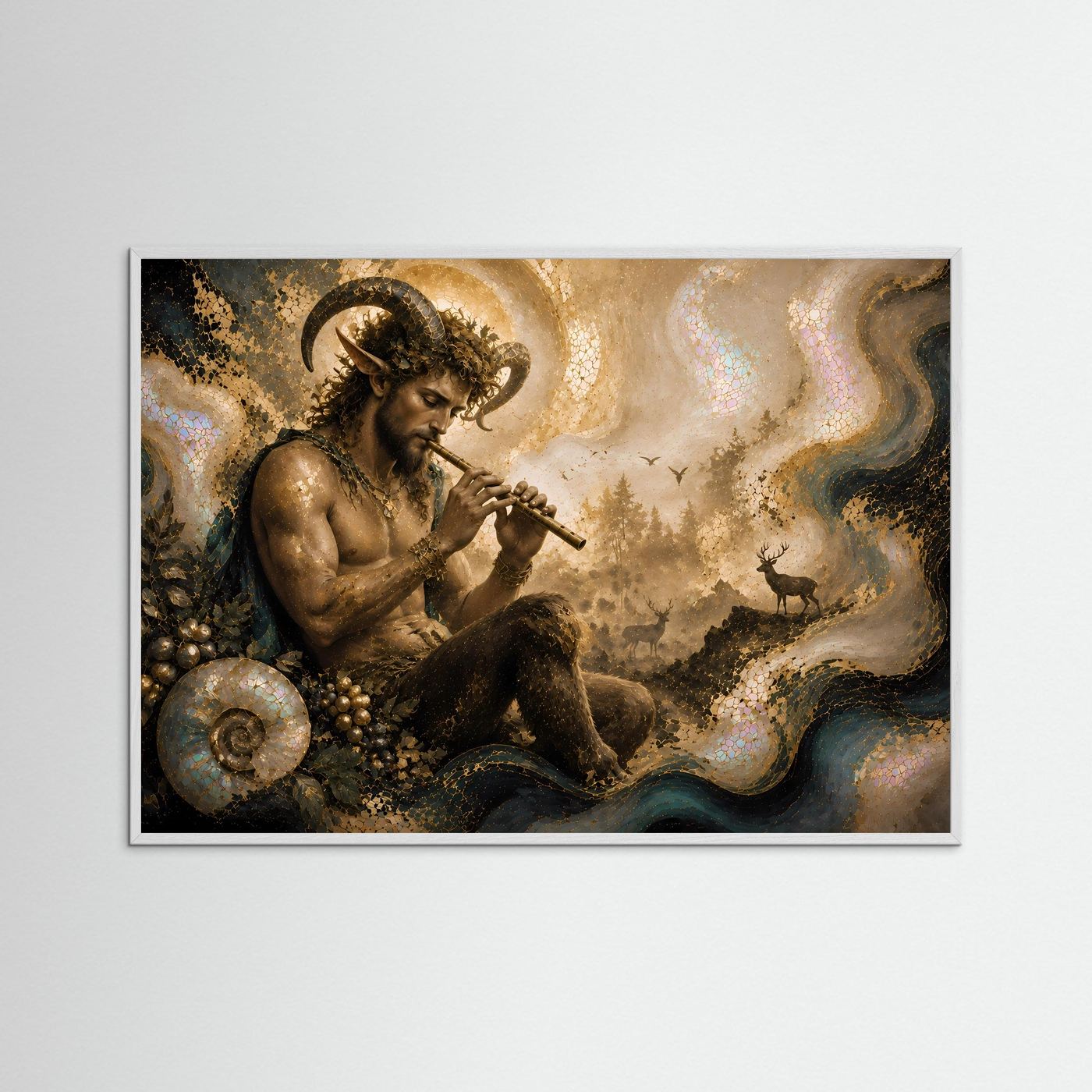 Pan mit Flöte im mystischen Wald | Griechische Mythologie Kunst in Gold & Perlmutt