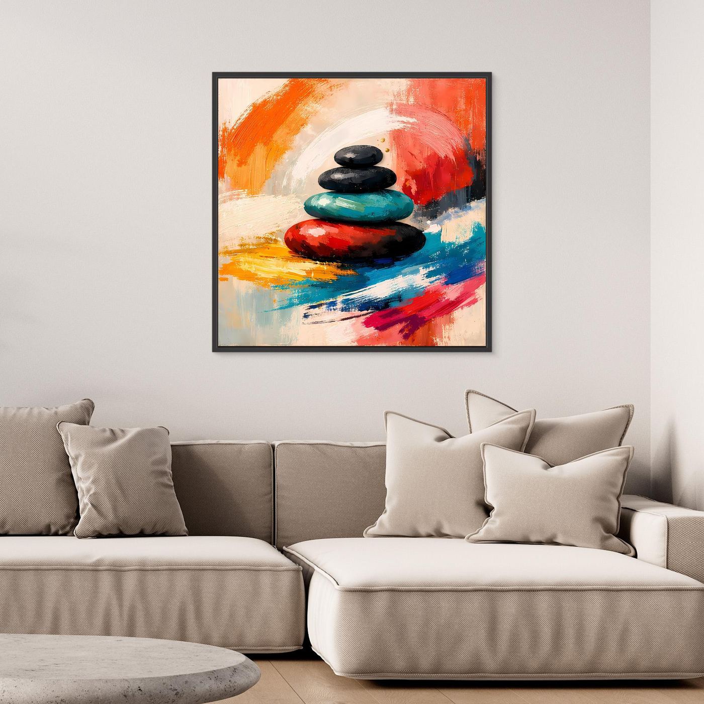 Zen-Wandbild mit gestapelten Steinen auf Leinwand, schwarze Einfassung