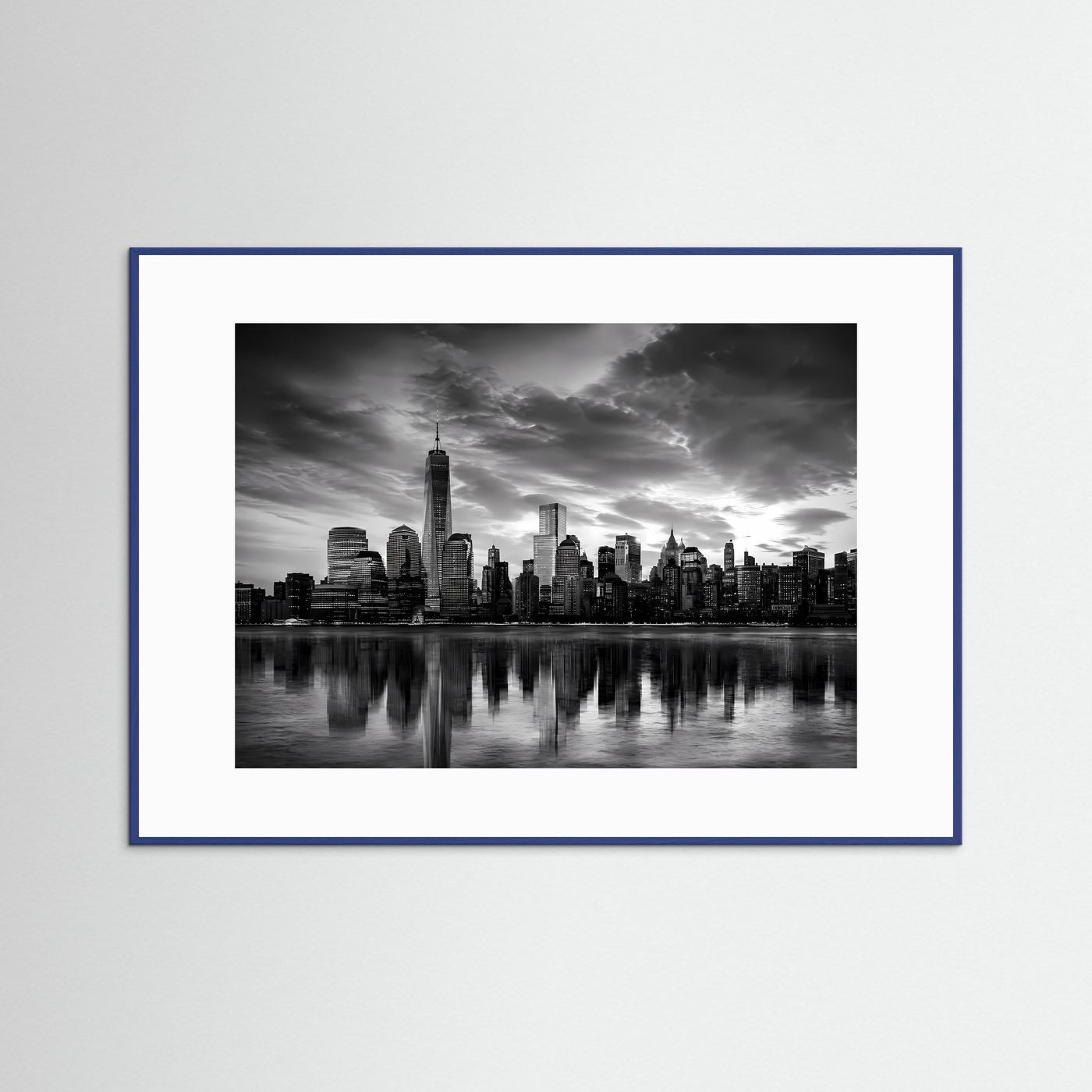 Schwarzweiß-Poster der Manhattan-Skyline, Querformat, blaue Holzrahmung