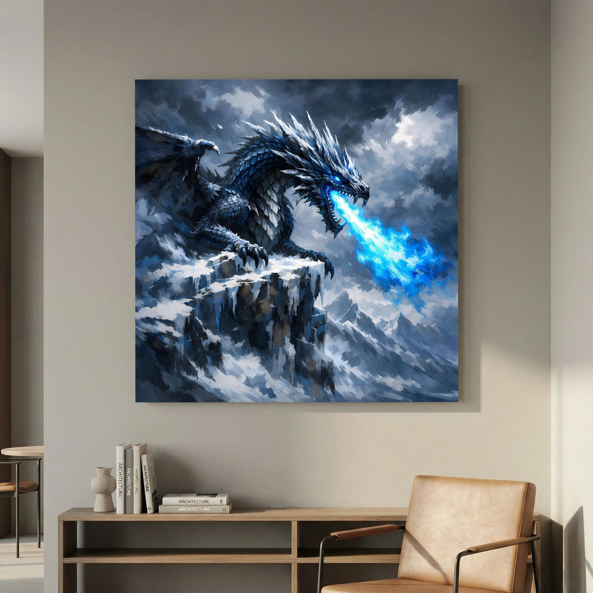 Leinwand-Wandbild mit Eisdrache über zerklüfteter Klippe, blaues Energieleuchten