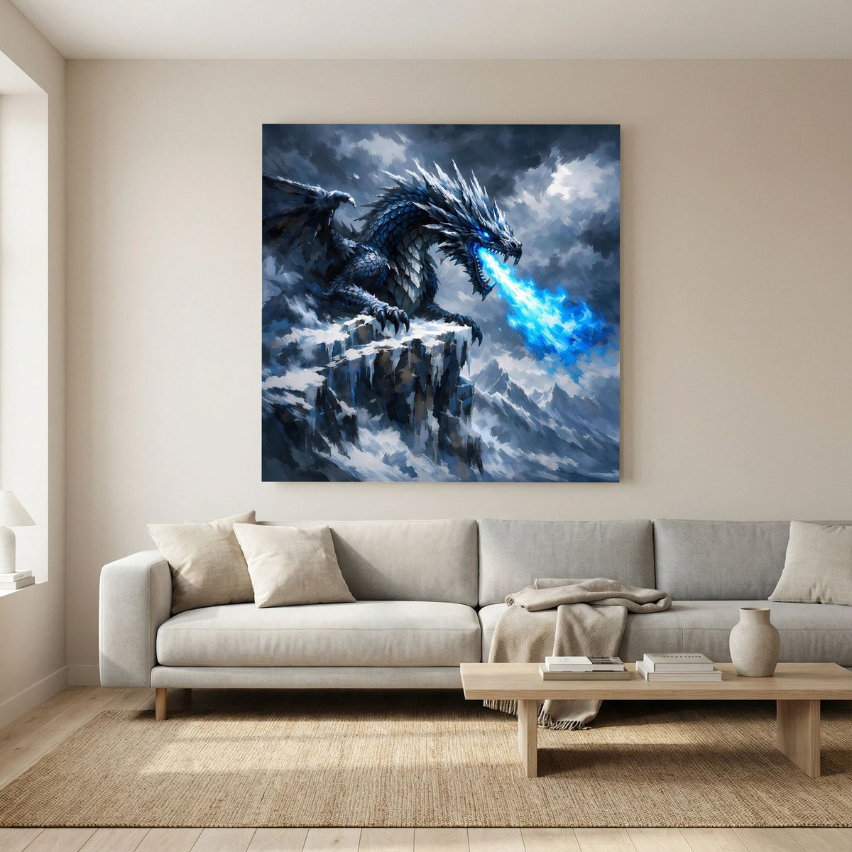 Fantasy-Leinwandbild über Sofa: blauer Eisdrache auf Bergklippe, Eisstrahl