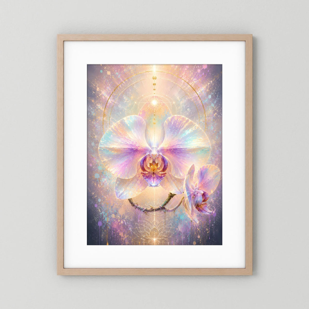 Orchideen-Pastellposter mit Holzrahmen und weißem Passepartout, leuchtende Orchideenblüte in Pastell