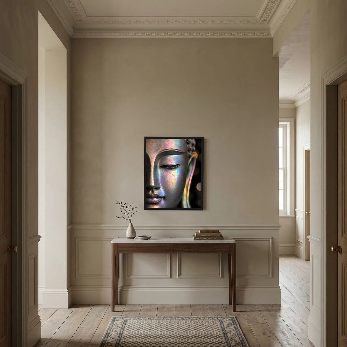 Kunstposter Buddha-Gesicht im schwarzen Rahmen mit irisierendem Farbglanz