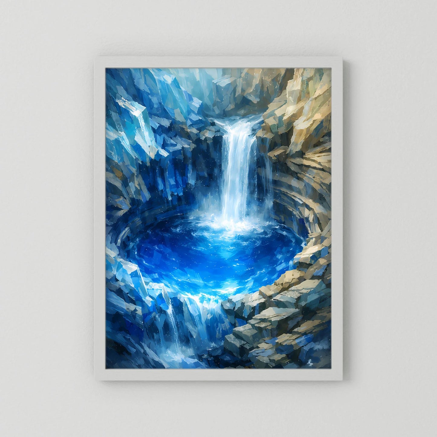 Poster im Hochformat mit abstraktem Wasserfall in Blau/Türkis, weißer Rahmen