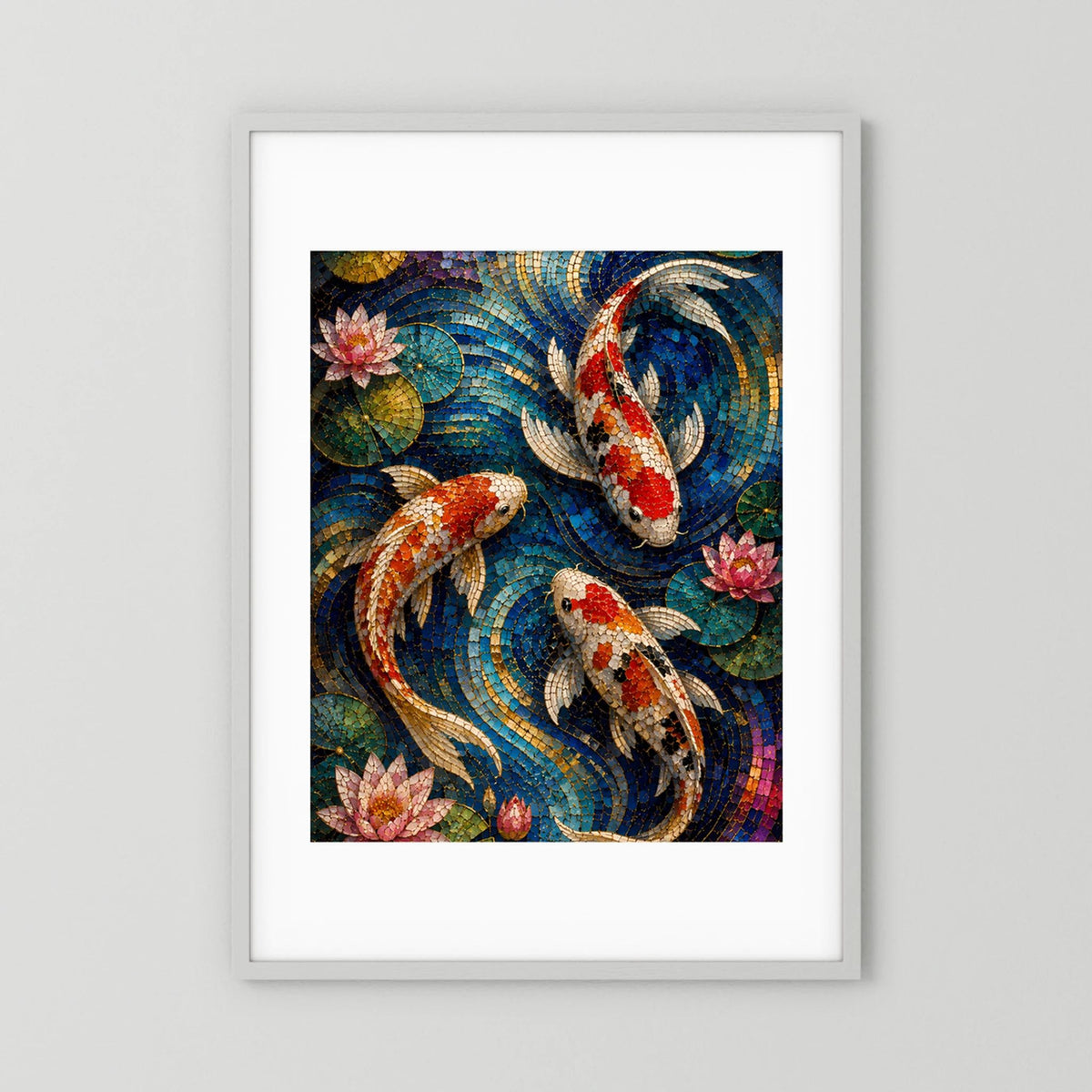 Koi Fische im Seerosenteich | Japanisches Mosaik in Blau & Gold | Poster Hochformat