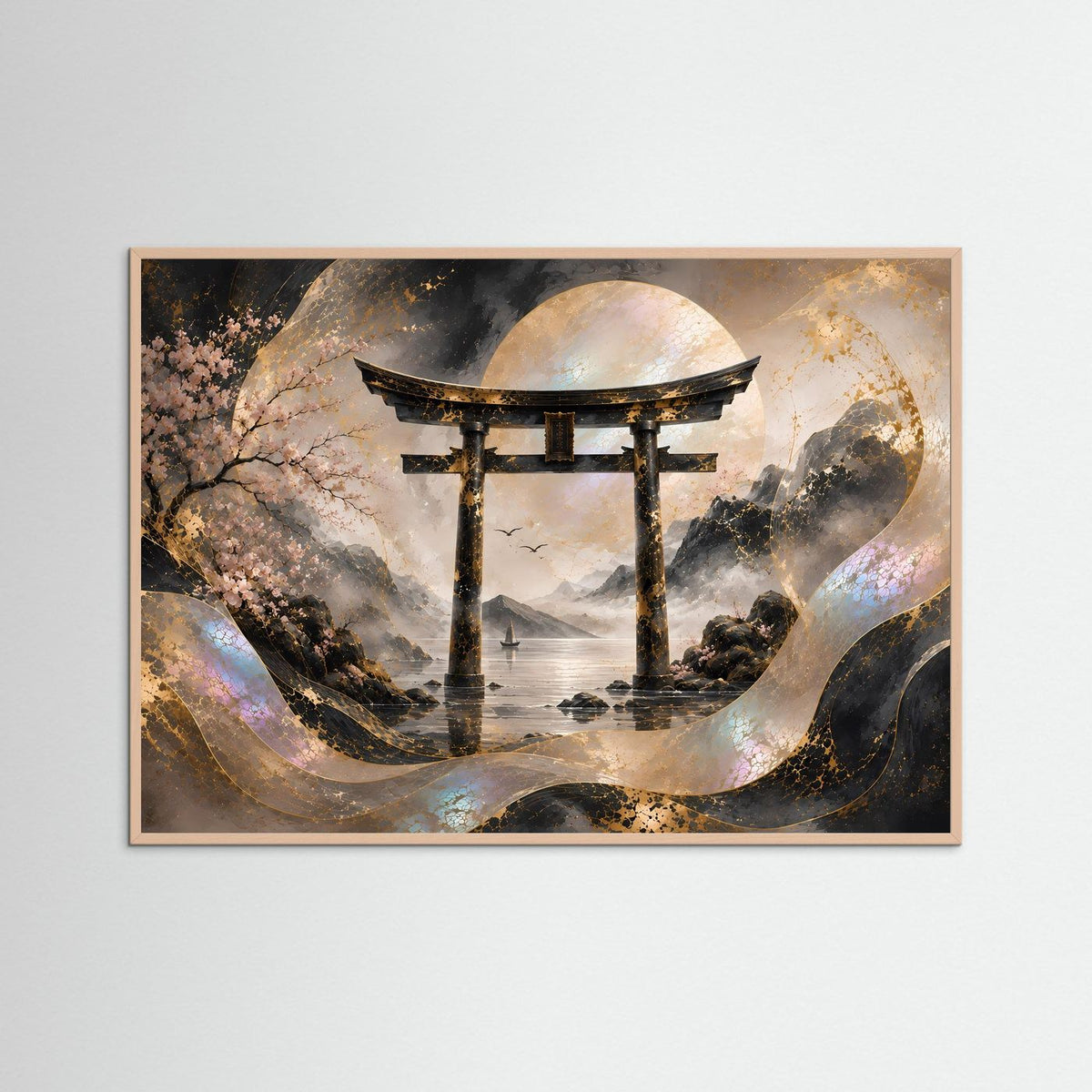 Poster mit japanischem Torii und Mond über Wasser, brauner Holzrahmen, Querformat.