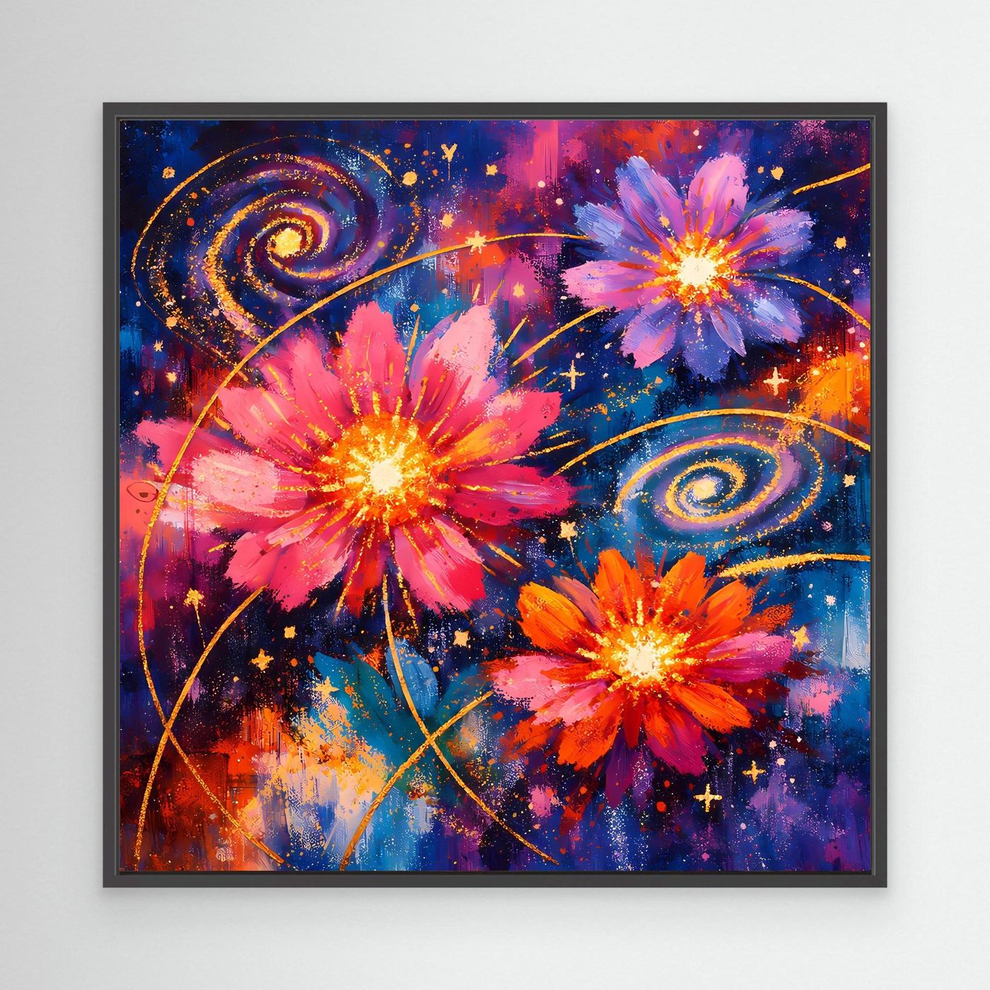 Leinwand-Wandbild mit kosmischen Blüten in Pink, Orange und Blau im schwarzen Rahmen