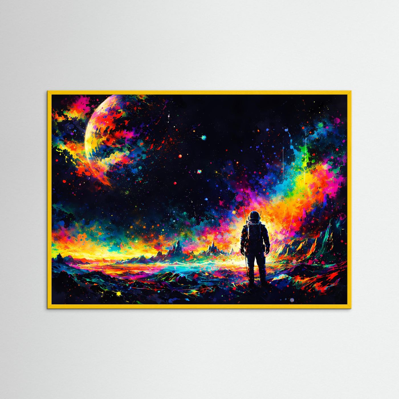 Poster mit Astronauten-Silhouette im Neon-Weltraum, gelber Rahmen