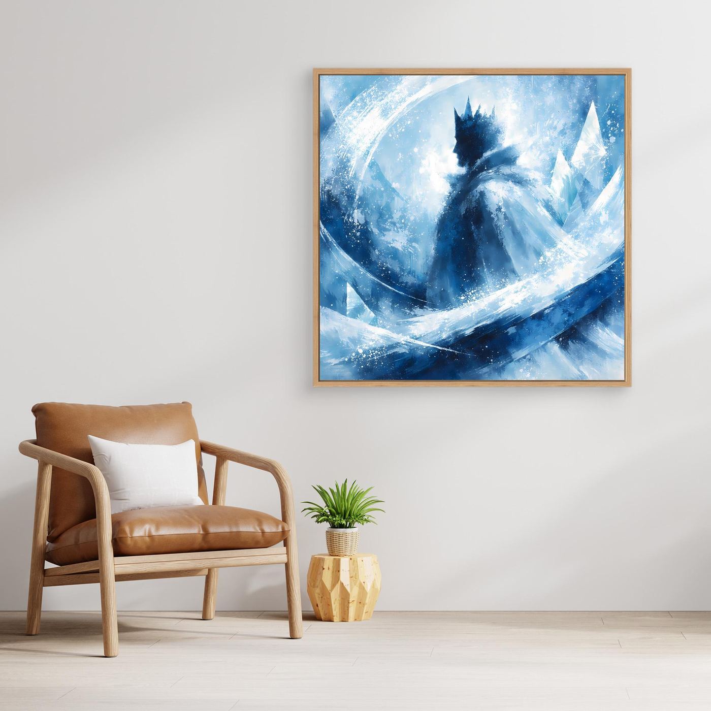 Leinwandbild mit goldenem Rahmen, blaues Winterabstrakt mit Eissilhouette und Eislinien