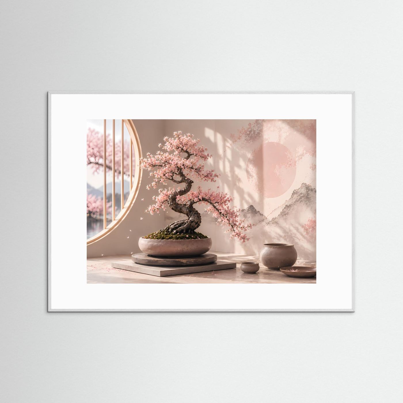 Poster im Querformat: Bonsai mit Kirschblüten in Pastellrosa, Holzrahmen mit Passepartout