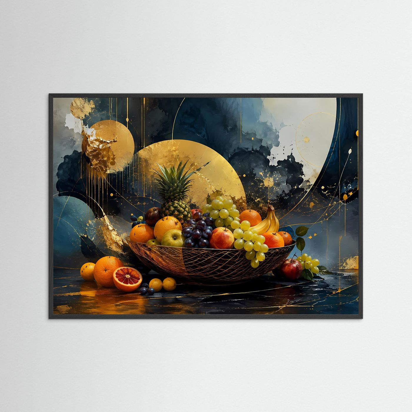 Obstschale Poster | Modernes Stillleben Wandbild | Abstrakte Küchenkunst | Gold Schwarz Leinwand | Luxus Fine Art Print
