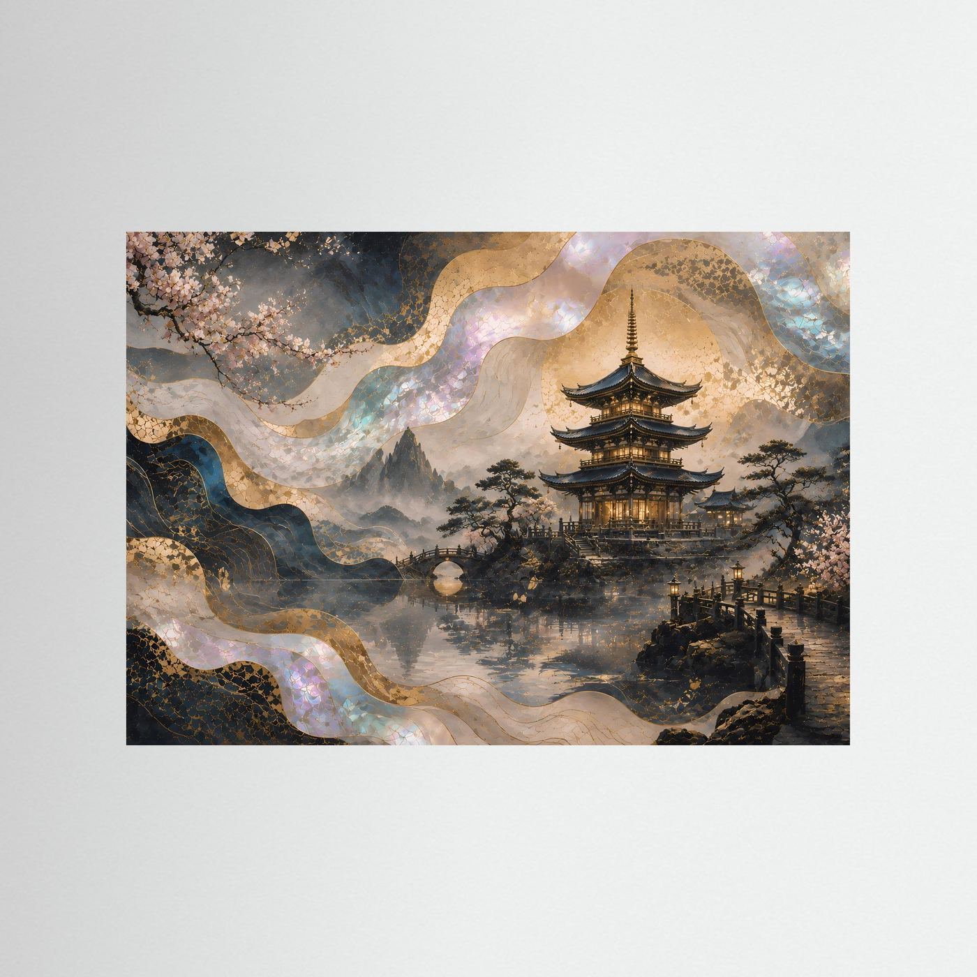 Querformat-Poster mit japanischer Pagode, Kirschblüten und Tempellandschaft in Perlmutt & Goldfarben
